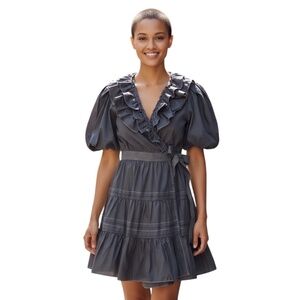 En Saison Tuckernuck Camila Mini Wrap Dress Tiered Puff Sleeves Gray Size Medium